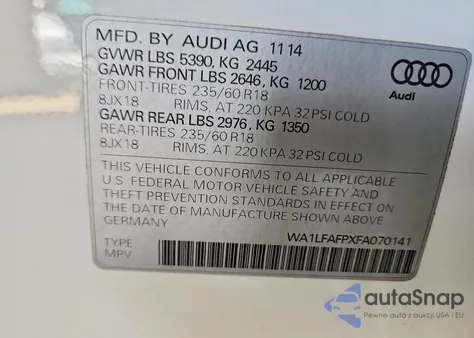 2015 Audi Q5 Premium Plus z USA, uszkodzony, nr VIN WA1LFAFPXFA070141